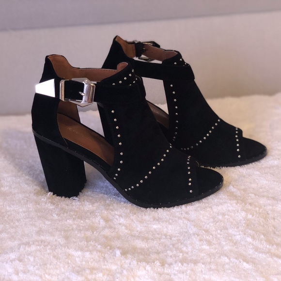 Shoe Republica Shoes - Black Studded Suede Peep Toe Booties